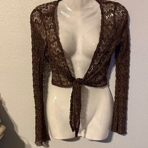 Elegant Brown Lace Tie-Front Shrug